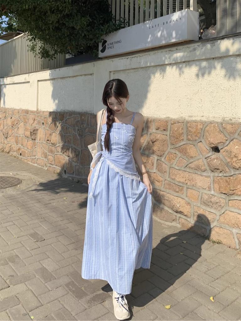 [Original practice] Blue plaid tube top suspender dress women's summer French feeling waist and thin skirt