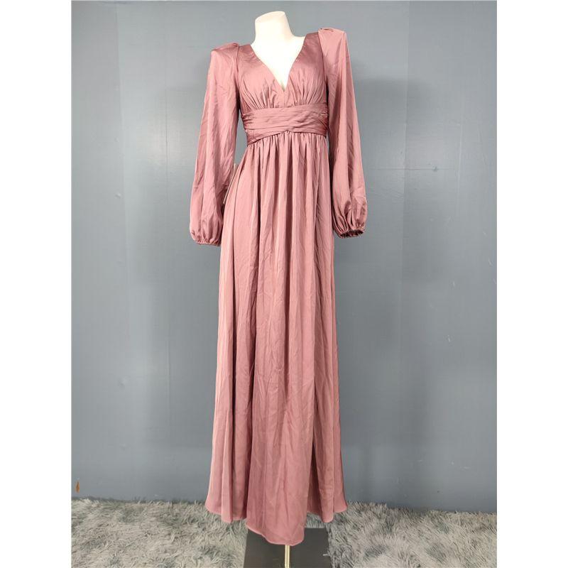 

Foreign Trade AZ Lantern Long sleeve High Quality Smooth Fabric Backless Strap Pleat V-neck Split Dress Plus size Dark purple UK4