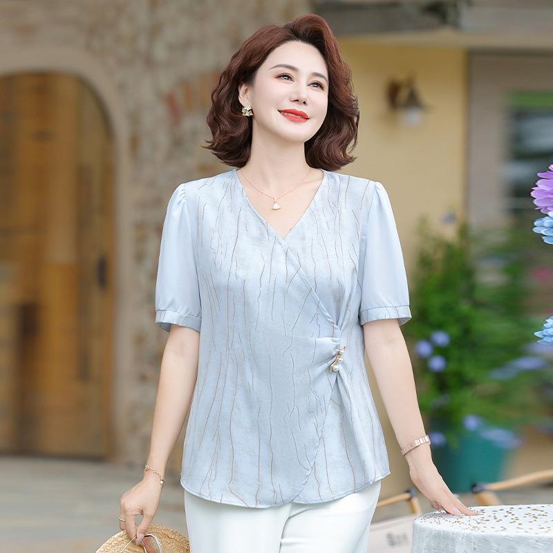 

2026 Summer Soft Loose Mom s Pleated Tummy-Concealing Casual Top - Solid Color, Elegant Daily Wear 2XL (for 100-115 jin) синій