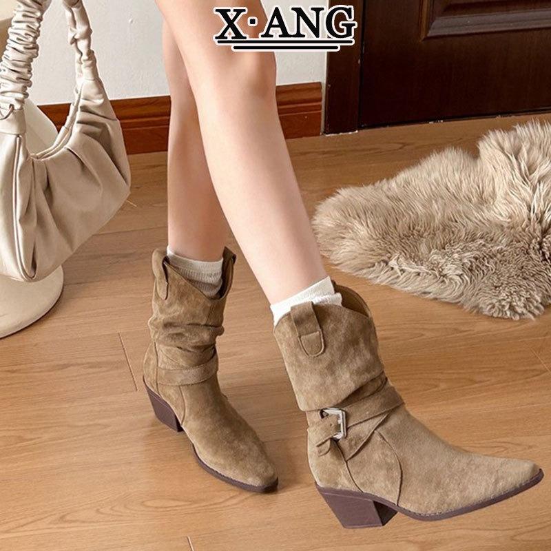 Cowhide Merad Western Cowboy Boots Pleated Pile Boots Pointed Coarse Heel Knight Boots Medium Boots Kids Martin Boots