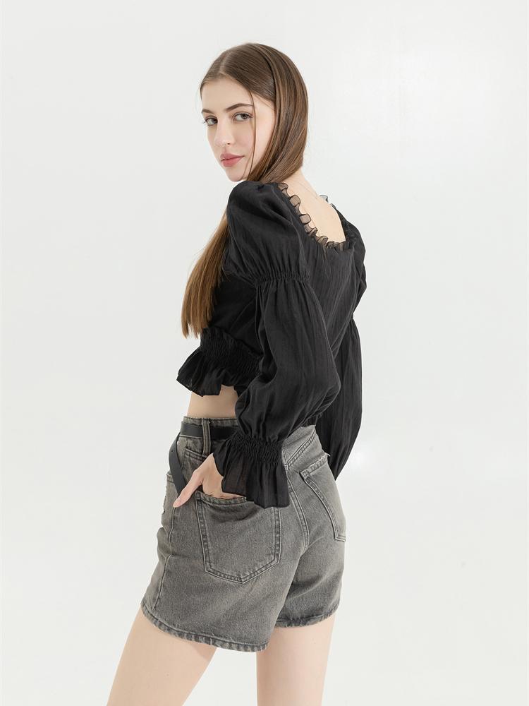 French Pleated Lantern Long Sleeve Shirt Women New Vintage White Square Collar Blouse Tops Female Korean Fashion Desidn Casual Clothing 2024