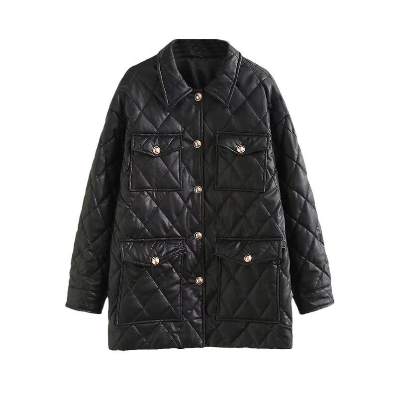 Kaslead New Women Clothes Western Style Fashion Simple and Versatile Pocket Decoration Imitation Leather Cable Cotton-padded Jacket Outerwear