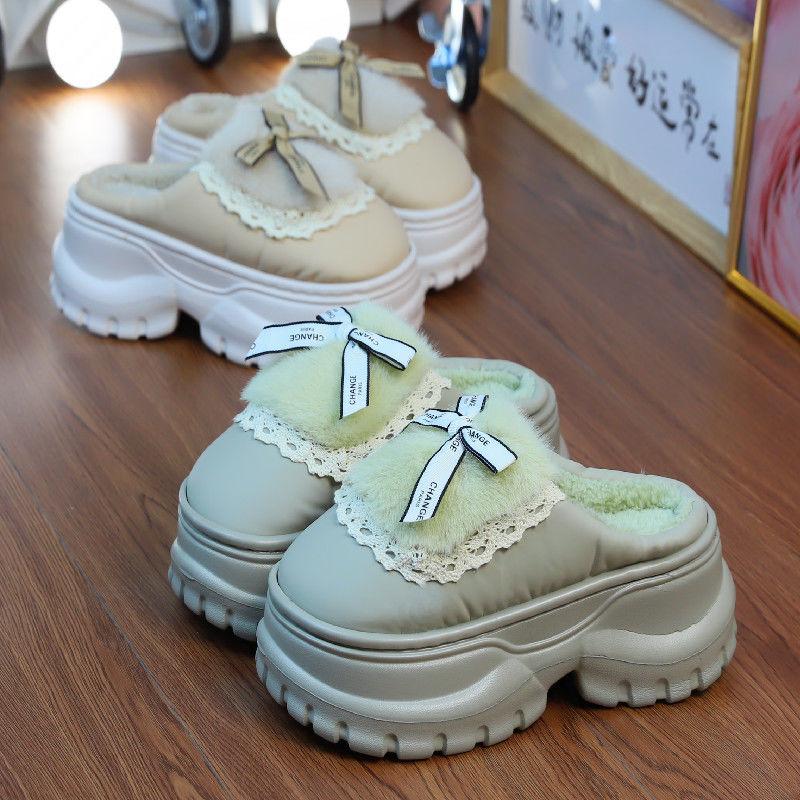 Super thick heeled slippers women's waterproof mules clogs woman bow tied furry slippers ladies chunky platform fur slides shoe