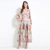 Summer Autumn Women V-neck Vintage Print Chiffon Runway Dress Single Breasted Long Maxi Oversize Vacation Beach Dresses with Belt