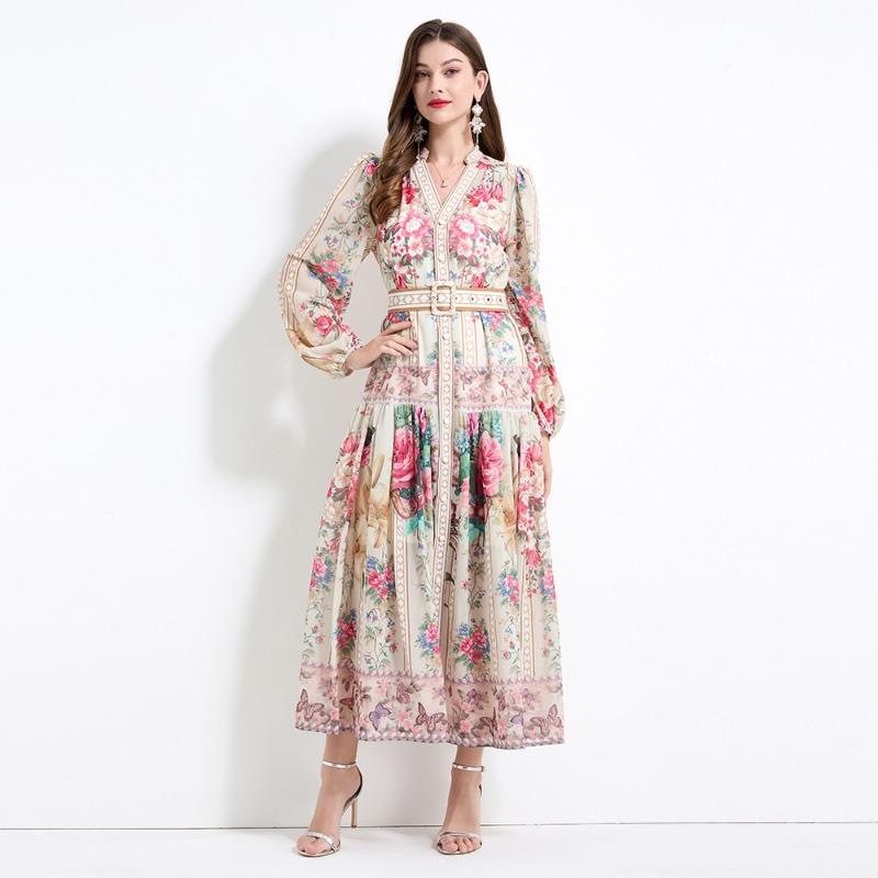 Summer Autumn Women V-neck Vintage Print Chiffon Runway Dress Single Breasted Long Maxi Oversize Vacation Beach Dresses with Belt