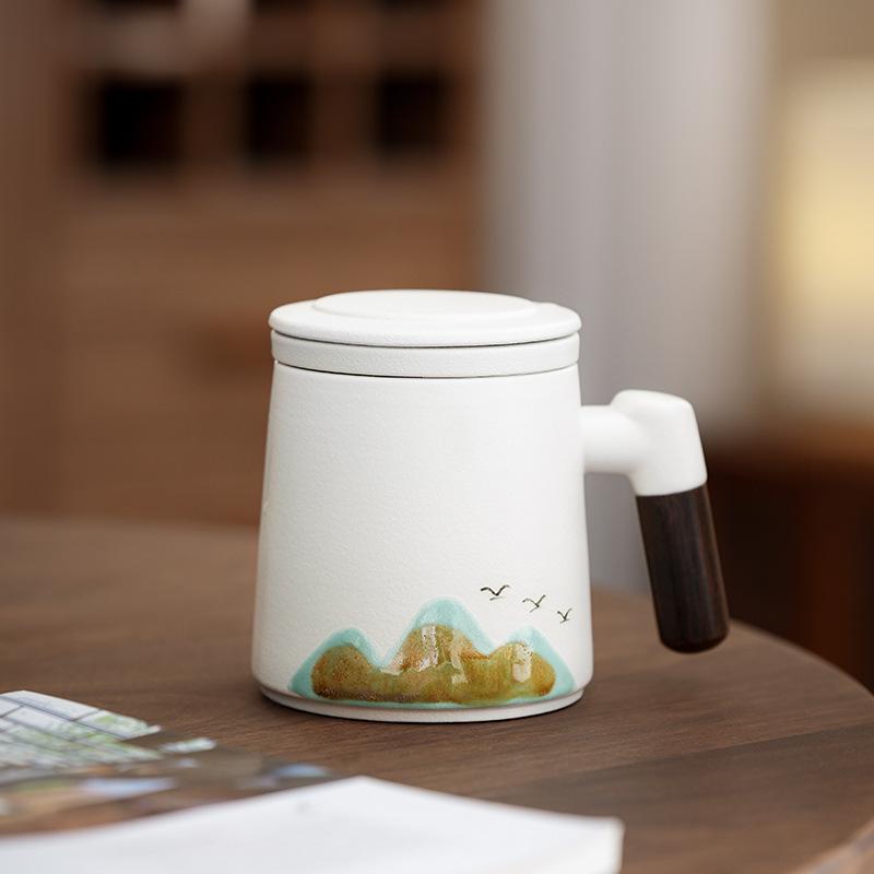 Light luxury portable coarse pottery Qingshan flying bird office cup tea separation retro mug simple gift box business gift