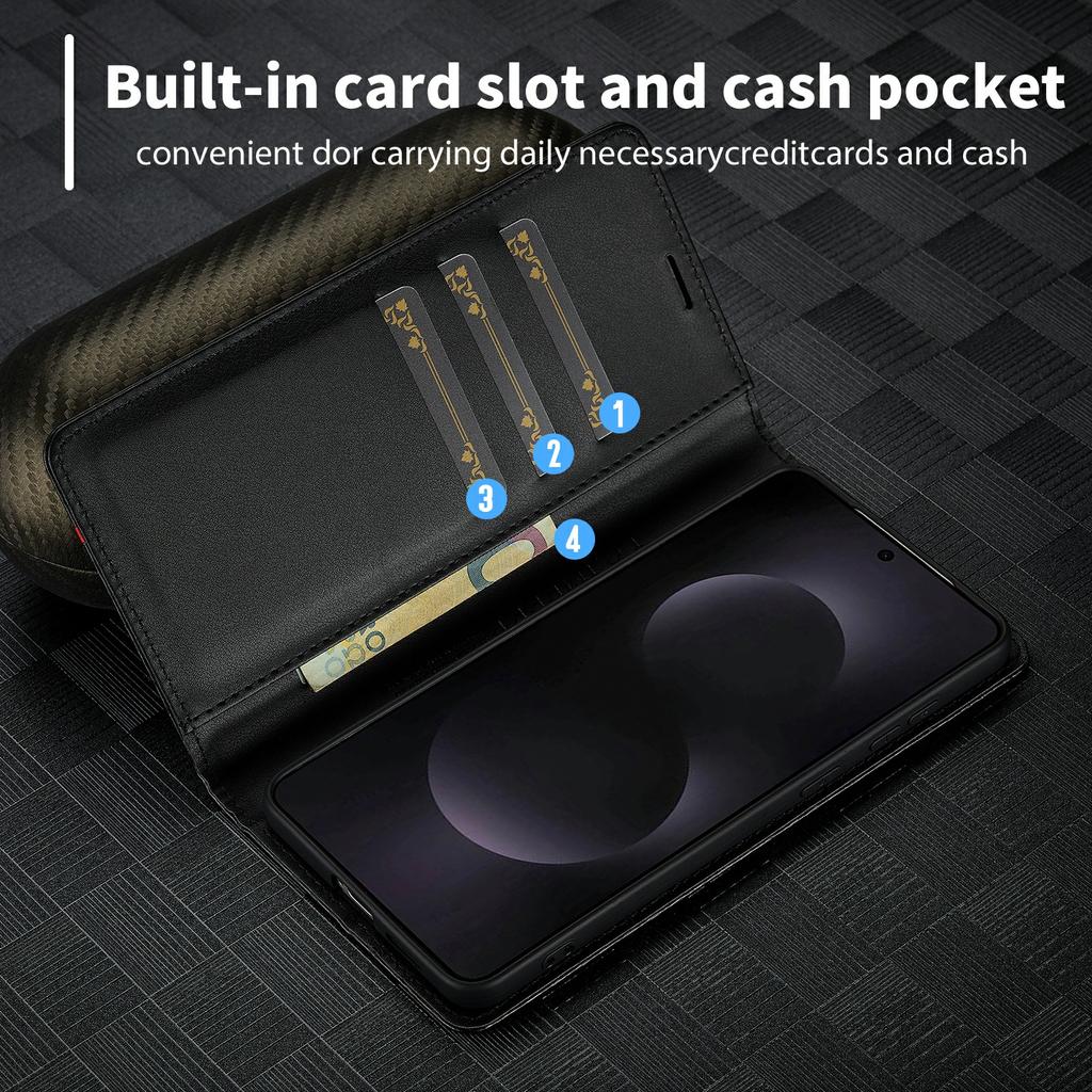 LC.IMEEKE For Samsung Galaxy S25 Edge Case Carbon Fiber Texture Phone Cover Stand Card Holder