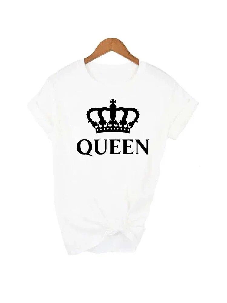 100% Cotton T Shirt KING QUEEN Letter Crown Printed Black White T-shirts Summer Casual Couple Lovers Tshirt Tops Clothes Unisex