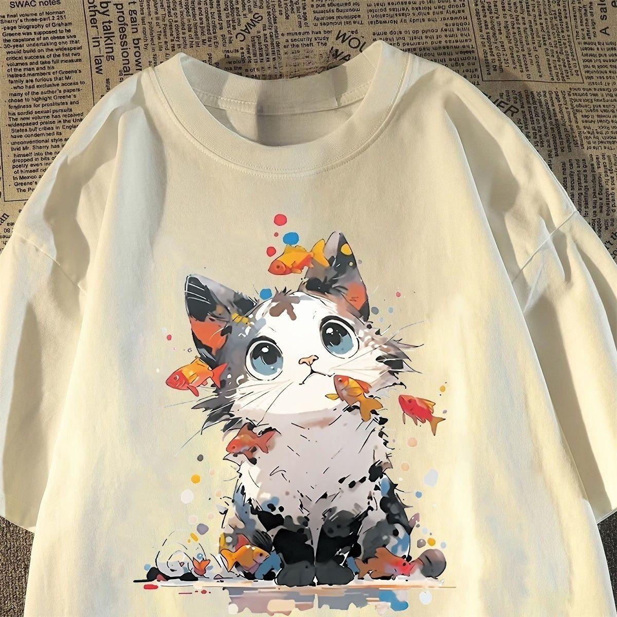 

Японский Шик Рыбка Котёнок Хлопковая Футболка с Коротким Рукавом Мужская и Женская Лето 2025 Новая Свободная и Универсальная Футболка 4XL