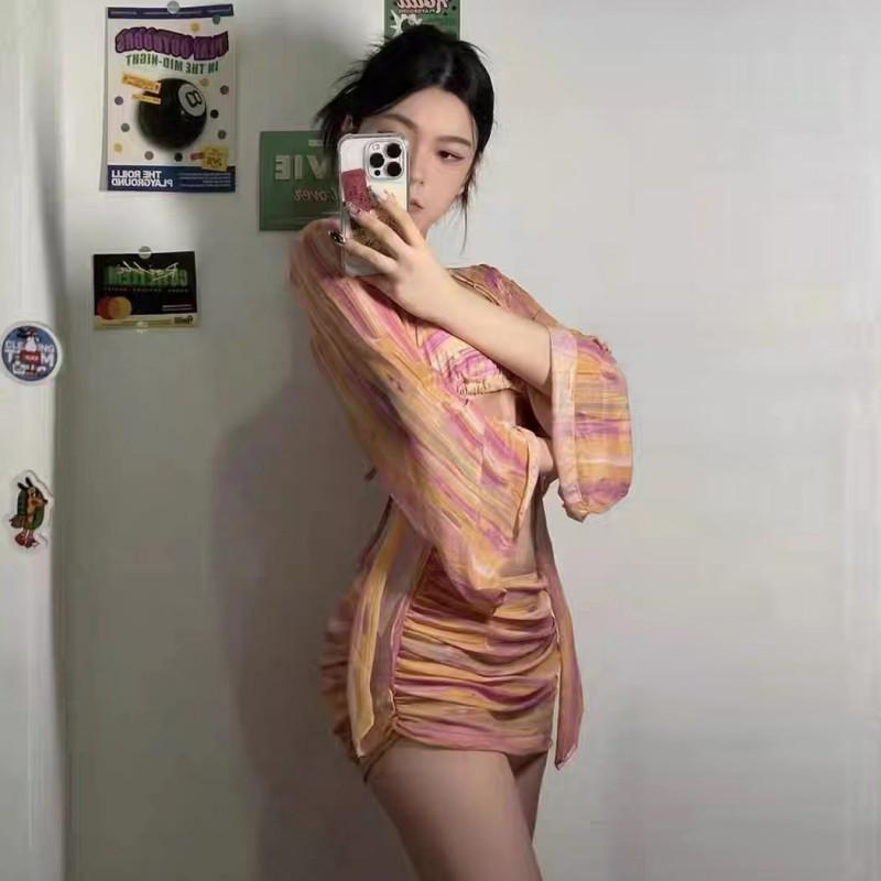 Bikini Swimsuit Women's Split Four-piece Suit Long-sleeved Sunblock Fashionable Stripe Sexy Vacation Hot