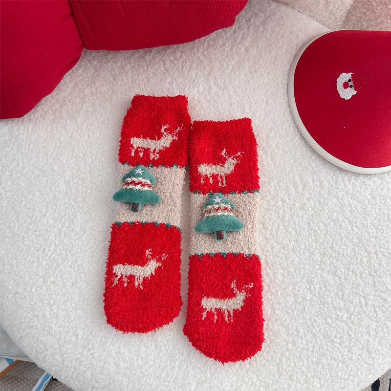 Wennie Oni Women's Plush Christmas Socks - Cozy Coral Fleece Winter Sleep & Warm Floor Socks with Cute Cartoon Design