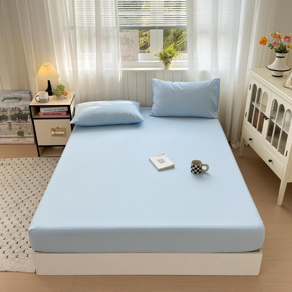 100% Cotton Solid Color Fitted Bed Sheet Set - 3 Pieces, Single/Double Size, Pure Cotton for Home or Dorm.