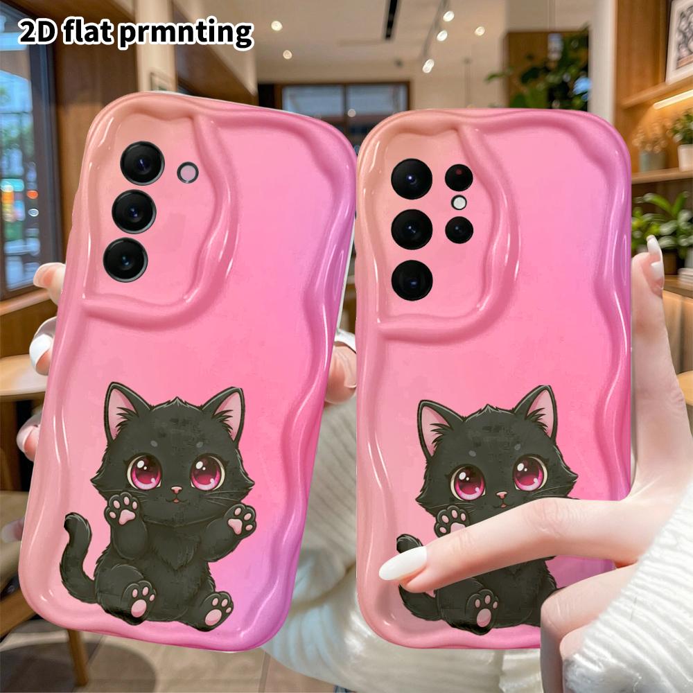 Phone Case: 2D Flat Samsung Galaxy A34 A35 S20 S22 S21 FE Plus Ultra Protective Case, Pink Gradient Black Kitten, Christmas and Halloween Gift