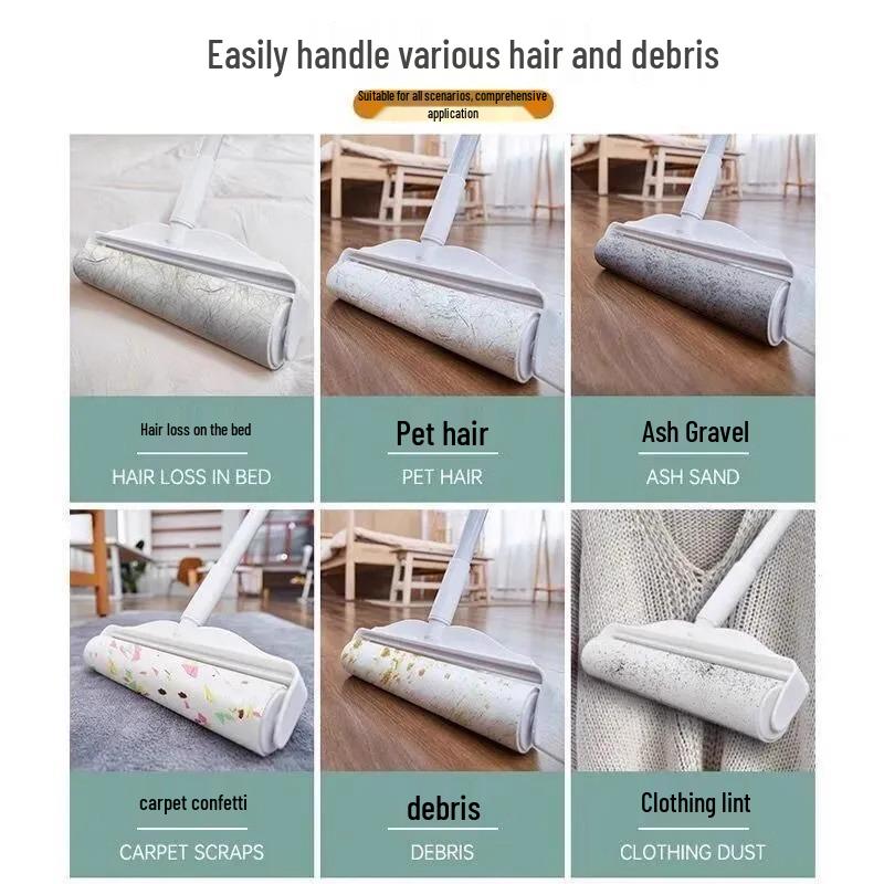 Long Handle Lint Roller with Large Sticky Brush for Bed, Floor, and Hair Cleanup - Tear-Off Paper Replacement Included.