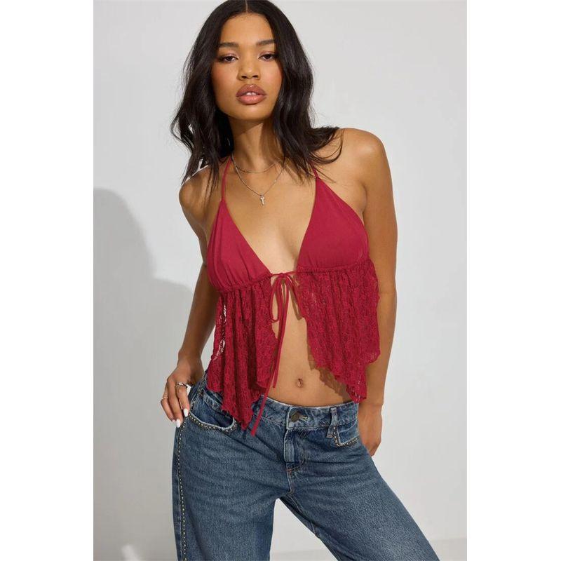 

Североамериканский стиль гяру * Xxs-XL Подвесной топ с кружевом на шнуровке, с большим вырезом на спине, с разрезом, сексуальный кружевной топ-слинг гяру Red sling L