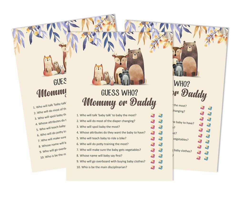 Inkdotpot Who Said it Game Mommy Or Daddy 50 Sheet Fun Baby Shower Game Gender Neutral Leaves & Animals Party Supply