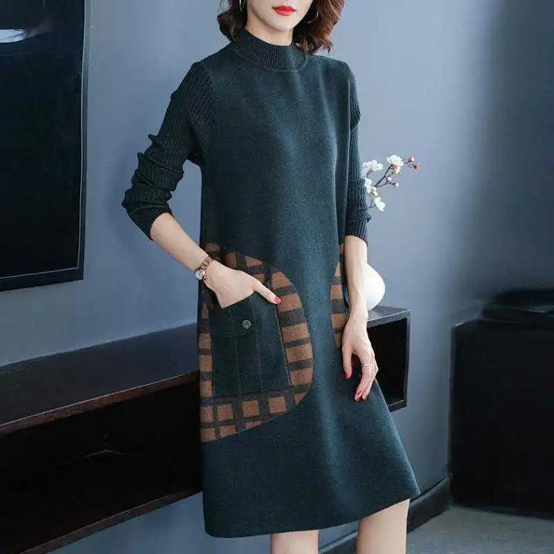 Kleid für Frau Baumwolle Winter Warm Rundhals Langarm Vintage Lässig Bedruckt Lang Stretch Strickpulloverkleider