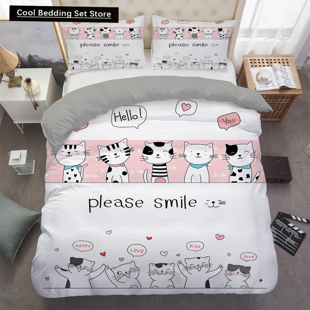 Cartoons Niedliche Katze Bettbezug Bettdeckenbezug Kissenbezug Junge Mädchen 2/3-teiliges Bettwäscheset King Queen Größe Kitty Polyester Bettdeckenbezug