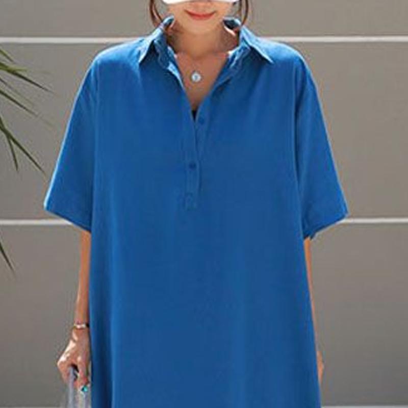 Summer New Turn-down Collar Solid Color Tshirt Dress Women Button Short Sleeve Loose Casual Maxi Dress Ladies Korean Style Robe