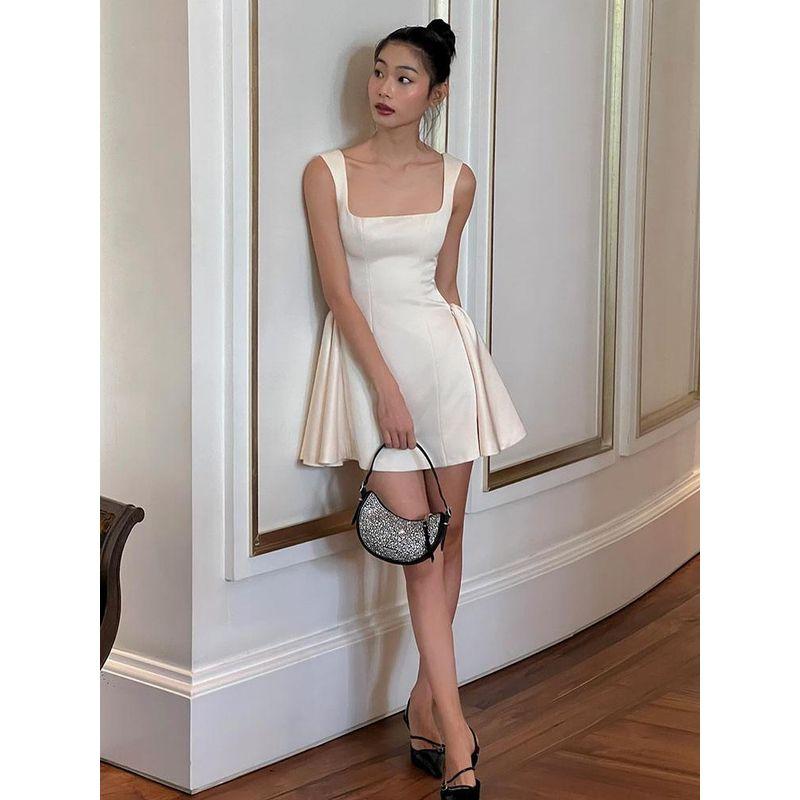French Style Retro Classic White Suspender Dress Female New Arrival Fancy Waist-Tight Slim Looking Princess Puffy A- Line Dress