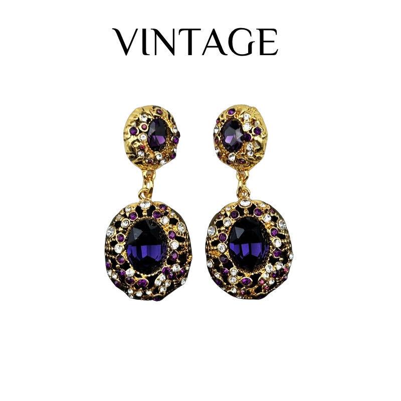 Vintage Heavy Industry Palace Style Retro Gold Elegant Purple Glass Inlaid Oval Temperament Earrings