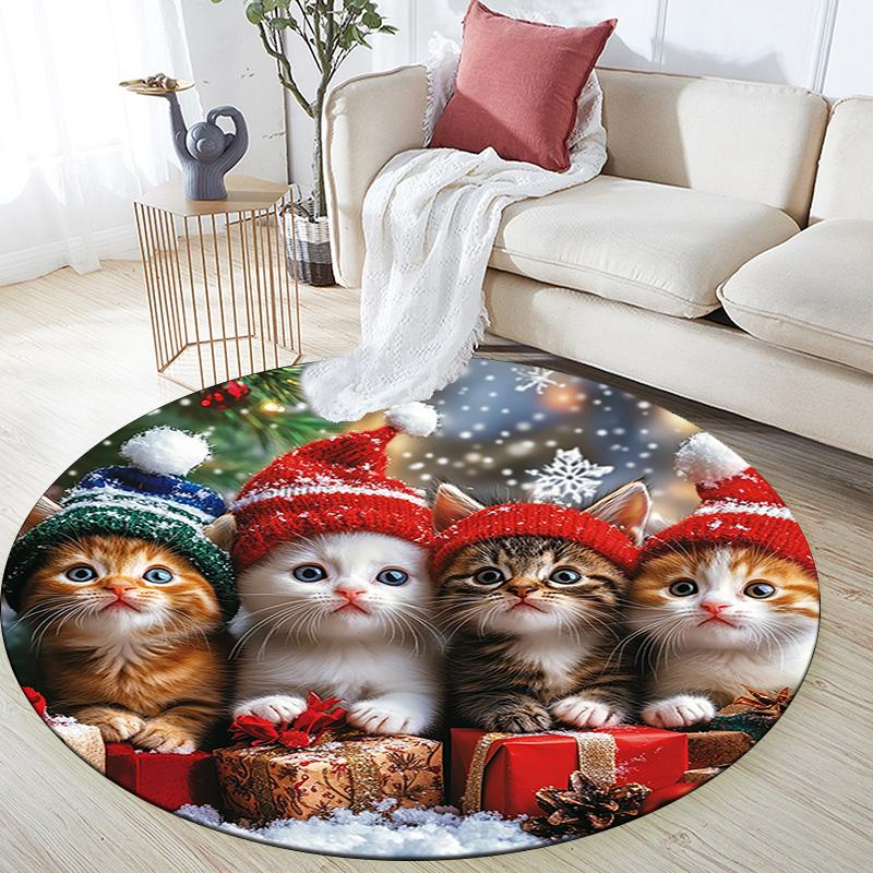 Christmas Kittens Round Area Rug,Carpet Rug for Living Room Bedroom Sofa Playroom Decor,Non-slip Floor Mat
