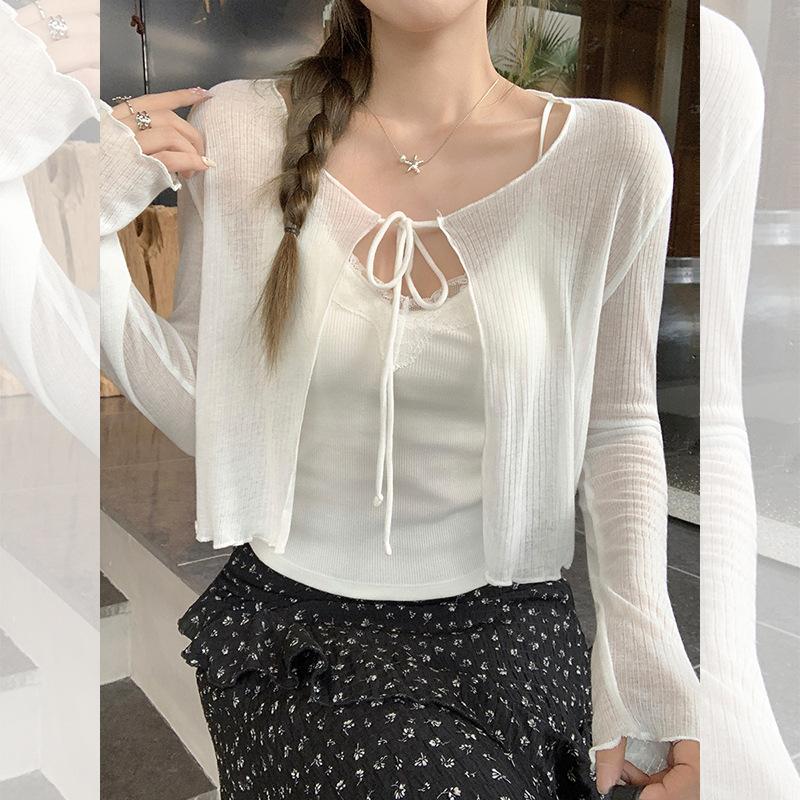 French temperament white thin fungus edge with long-sleeved sunscreen blouse cardigan women's summer with suspenders small top