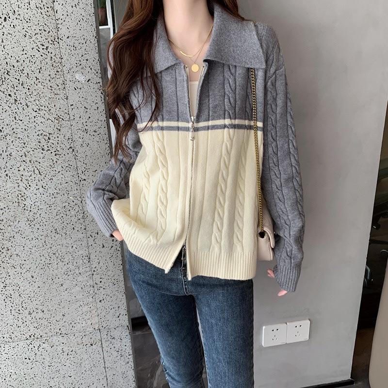 Retro Zipper Sweater Polo Collar Contrasting Color Gentle Wind Twist Knitted Cardigan Jacket with Spring Clothes New