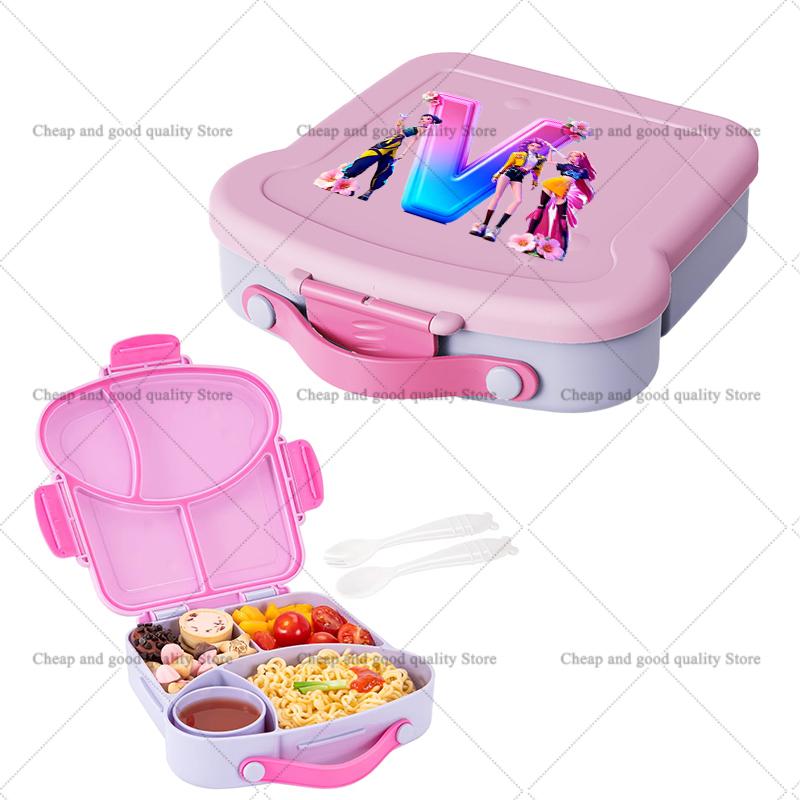 KPop Demon Hunters Lunch Box with Spoon Fork Sauce Case Girls Anime Letter School Picnic Bento Food Storage Containers Kids Gift