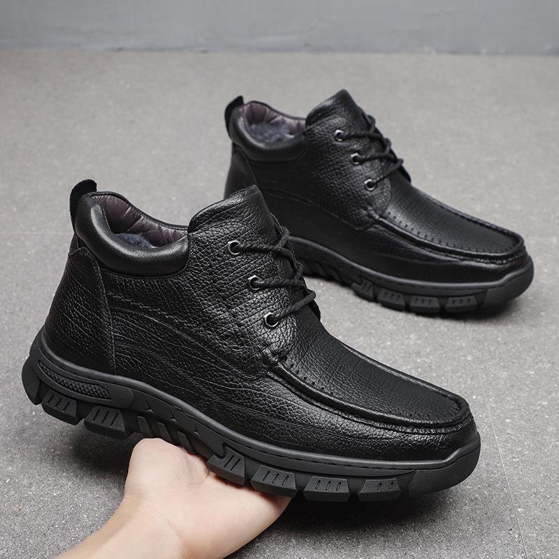The first layer of cowhide winter new fur integrated warm men's cotton shoes wool high-top outdoor leather casual men's shoes