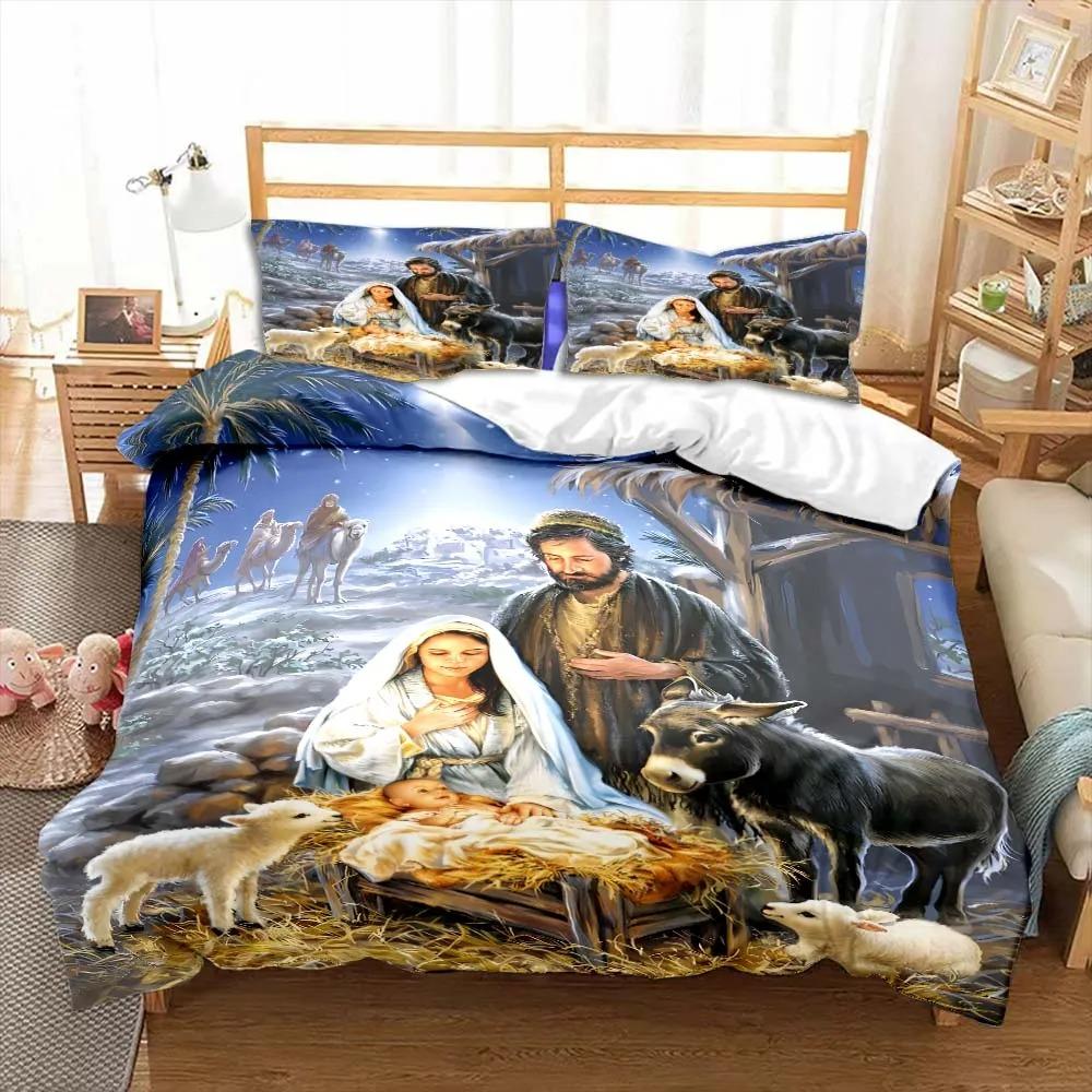 Jesus Virgin Mary Theme Kids Bedding Set Polyester Duvet Cover With Pillowcase For Children Room Decor
