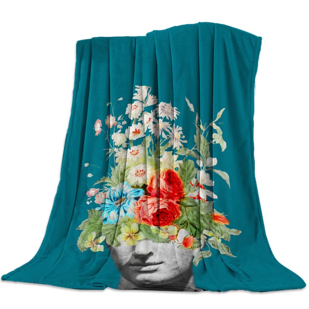 Blue Flower Watercolor Painting Throw Blanket Portable Soft Sofa Blanket Warm Flannel Blanket for Beds Sofa Couch King Full Size