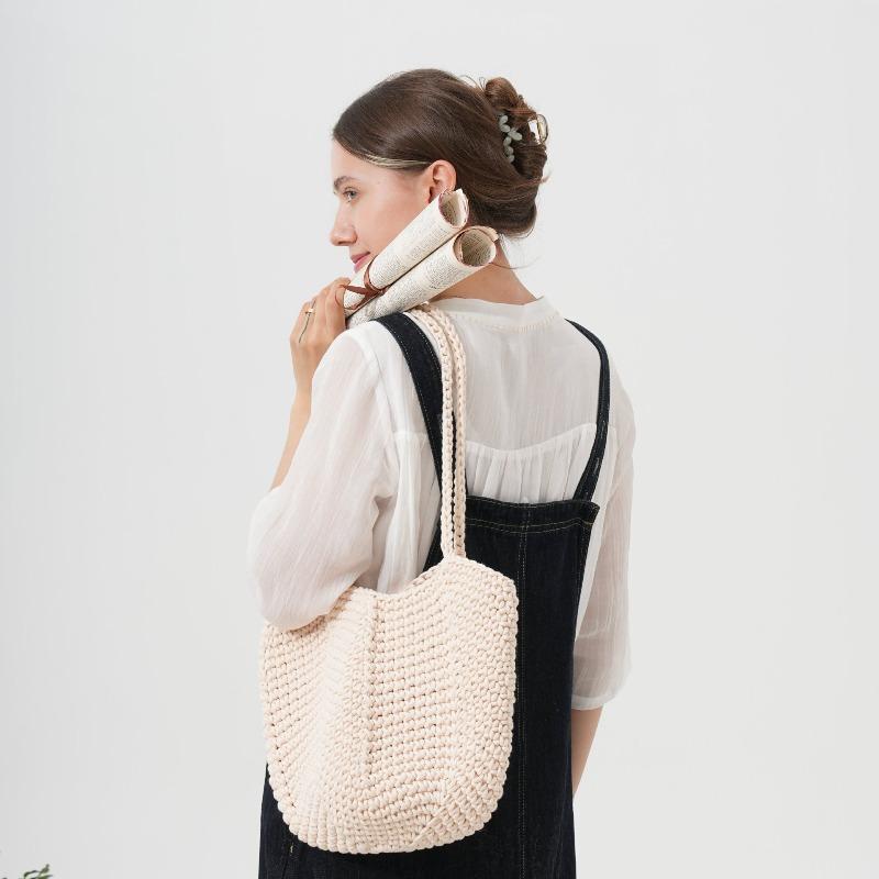 New shoulder cotton thread straw bag hand-woven bag women's large capacity bucket bag versatile seaside resort sand