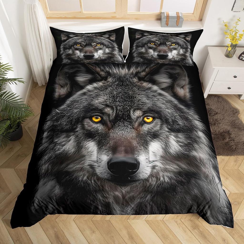 Kids Wolf Comforter Cover Full Queen Size Botanical Floral Bedding Set Wild Animal Duvet Cover Plant Flower Bedspread Cover