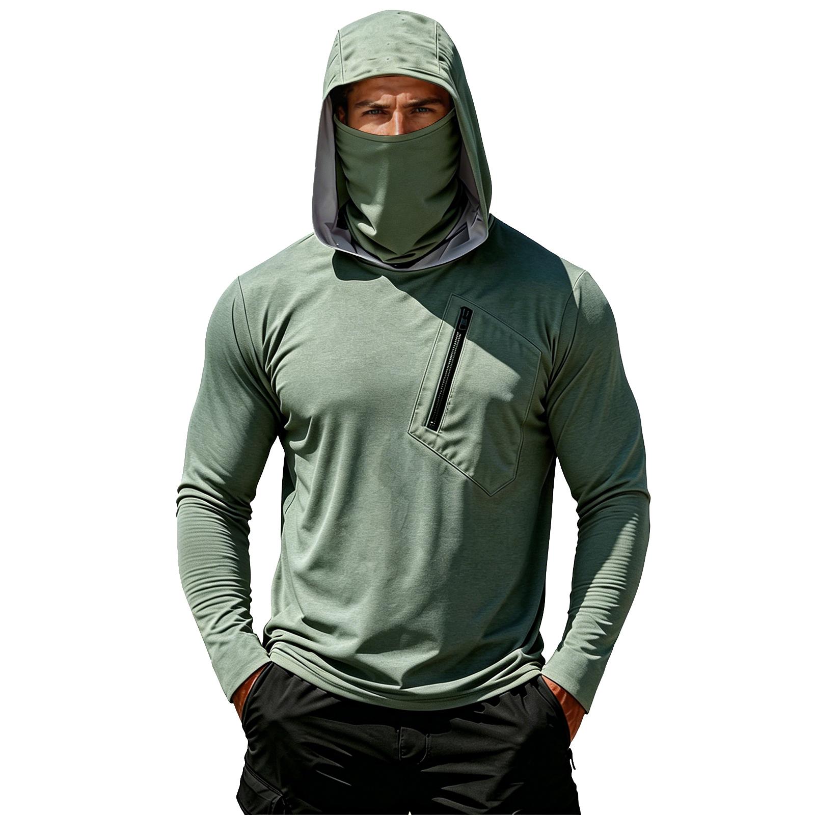 Xun Heren shirt met lange mouwen en capuchon met ingebouwde gezichtsbedekking Ritszak Lichtgewicht Pullover Top voor Buitenactiviteiten L