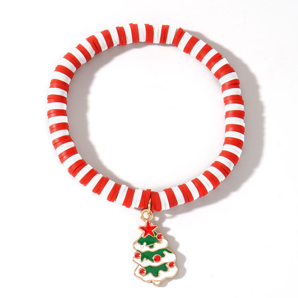 Christmas Clay Beaded Bracelet with Tree, Snowman, Bell & Reindeer Pendants In Red, White & Green - Festive Hand Jewelry