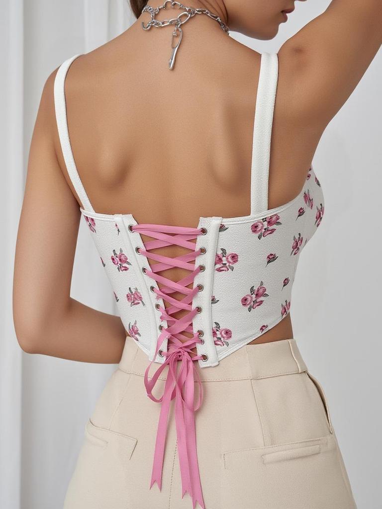 Fishbone Print Sexy Corset Camisole – European Style Backless Strappy Waist Cincher