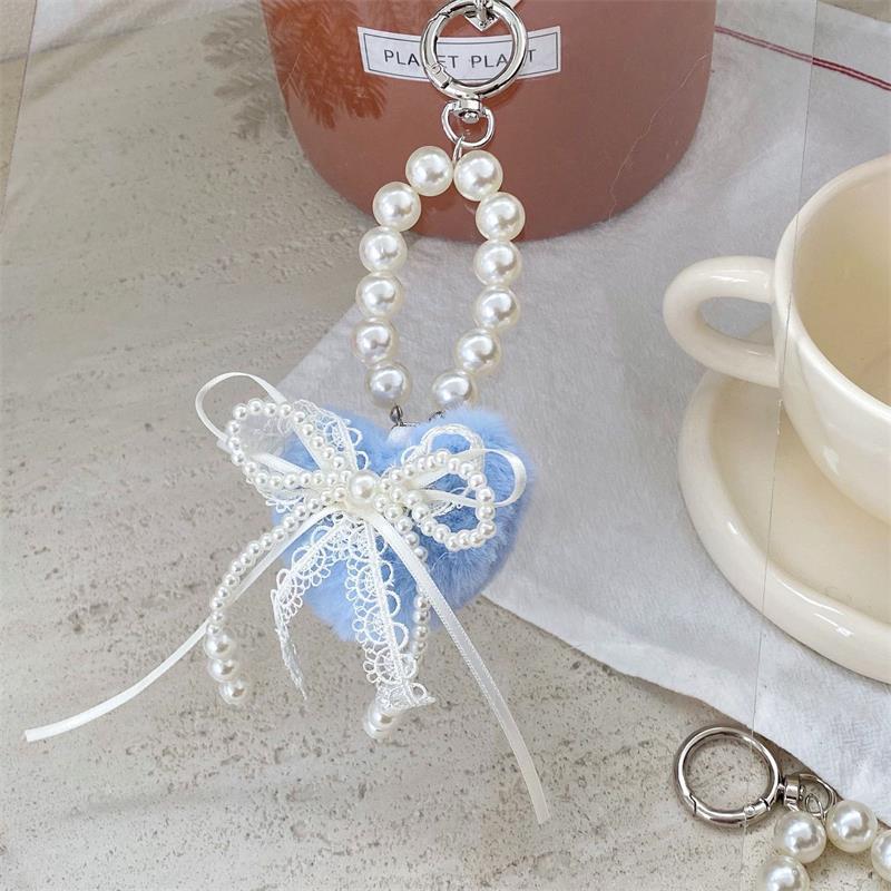 Niedlich Süß Plüsch Herz Liebe Spitze Schleife Perlenkette Schlüsselanhänger Anhänger Rucksackanhänger Taschenanhänger Mädchenhafte Handykette Geschenke