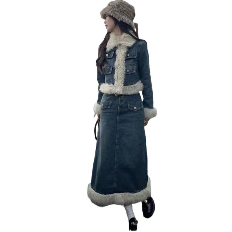 Korean Drama Inspired Retro Denim Fluffy Coat & Long Skirt Two-Piece Set