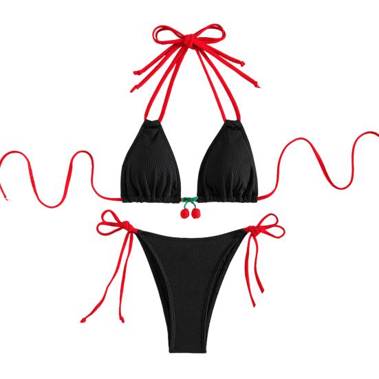 

2 шт./компл. женский сексуальный комплект бикини с лямкой на шее вишневый декор мягкий бюстгальтер с ремешками низ лоскутное цветная пляжная одежда быстросохнущий купальный костюм M чёрный