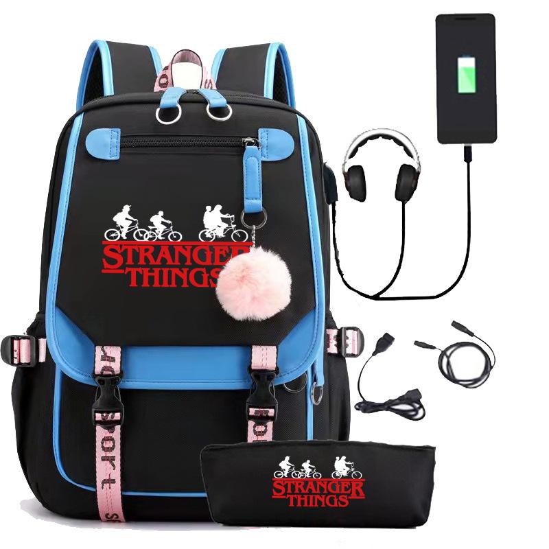 Zaino Stranger Things Stranger con Ricarica USB Borsa Scolastica per Studente di Scuola Media Astuccio Set da Due Pezzi