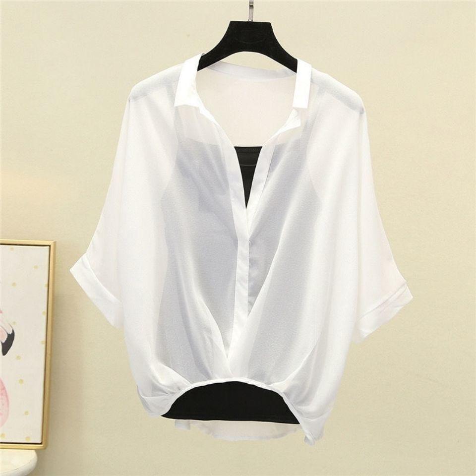 WTEMPO 2-Piece Women Letter Print Sheer Sun Protection Shirt Camisole Set Lapel Half Sleeve Loose Thin Summer Casual See Through Outerwear Blouse