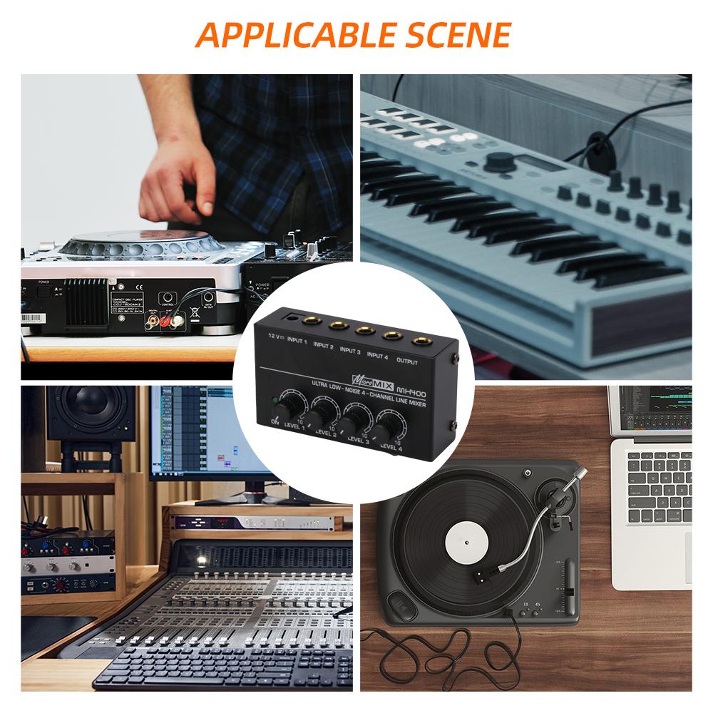 4 Channel Line Mixer Mini Sound Mixer DC 12V Easy Operation Audio Mixer Ultra Low Noise 4 Input 1 Output with Power Adapter