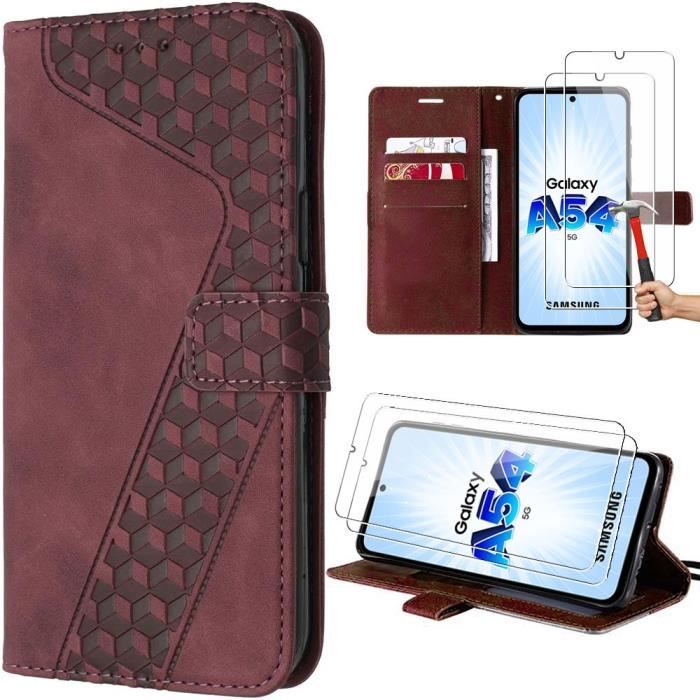 Coque de protection - BOOLING - Samsung Galaxy A54 5G - Rouge - Effet Cuir - Poche à Cartes
