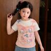 Girls Summer Cartoon Mock Two-Piece Short Sleeve T-Shirt Cute Regular Shoulder Top