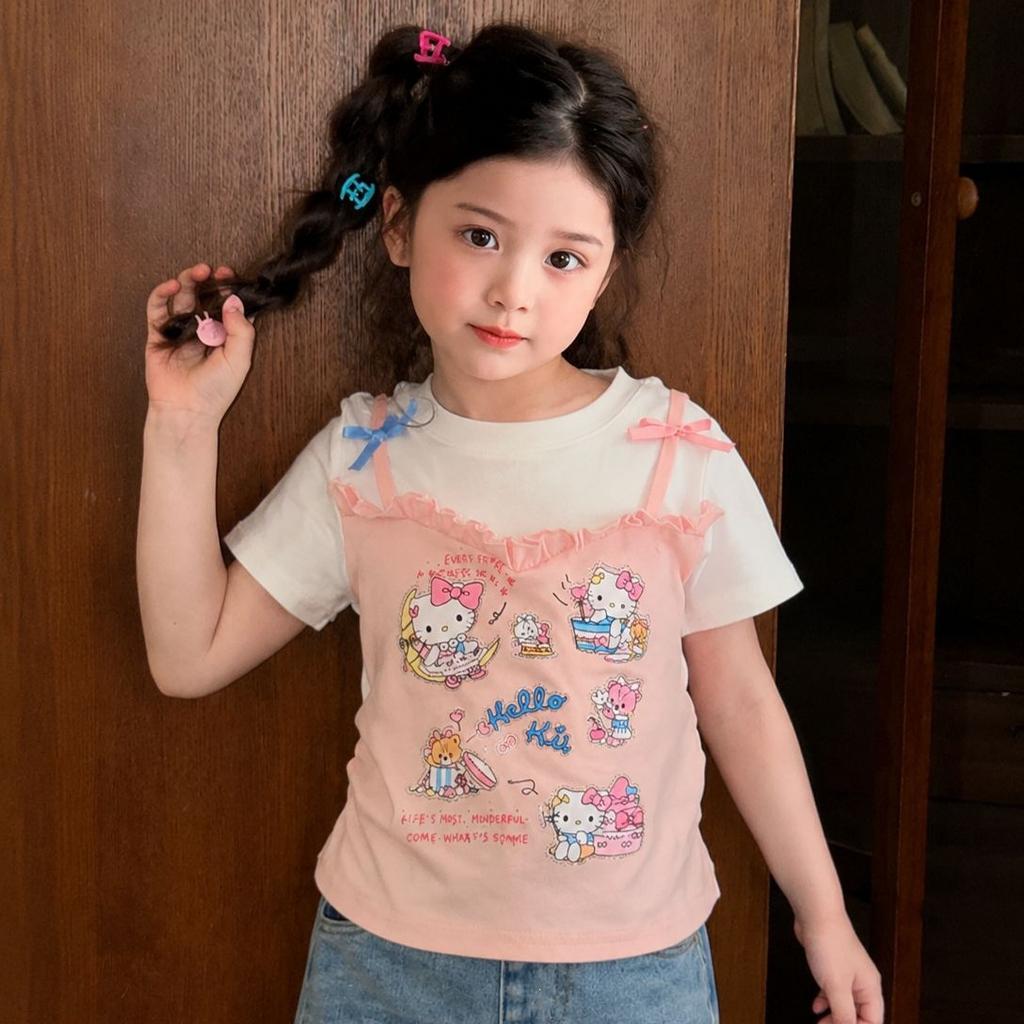 Girls Summer Cartoon Mock Two-Piece Short Sleeve T-Shirt Cute Regular Shoulder Top
