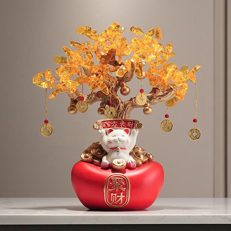 Fortune Cat Money Tree Figurine - Office, Shop, Reception & Housewarming Decoration