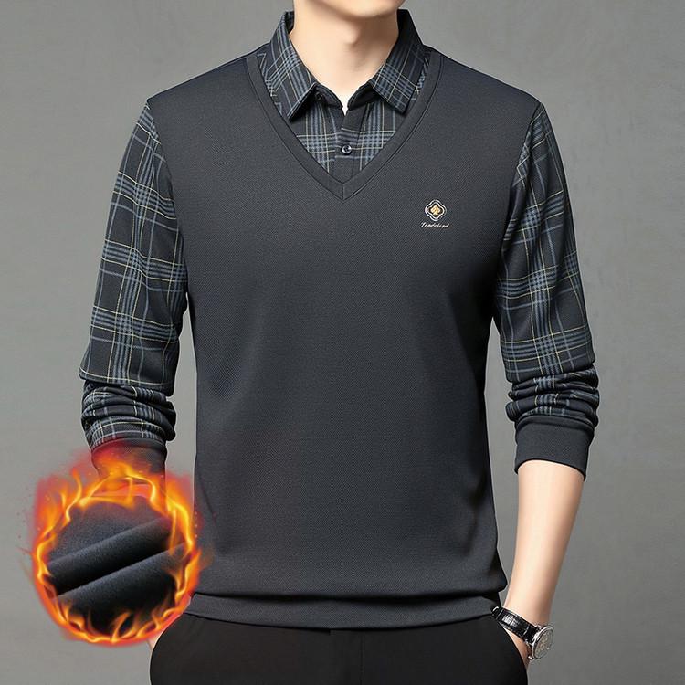 Men's Autumn/Winter Faux Two-Piece Fleece Polo Base Layer Shirt