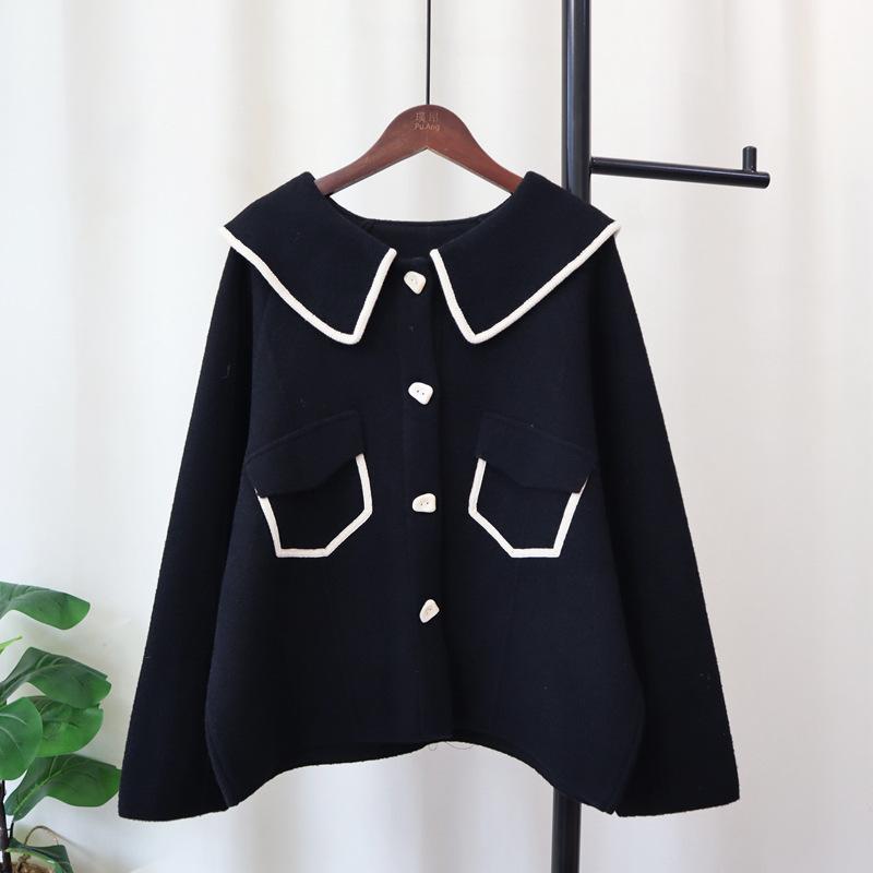 

Осень новый лацкан контрастный цвет дизайн свитер куртка свободный темперамент вязаный двусторонний кардиган женщины one size fits all чёрный