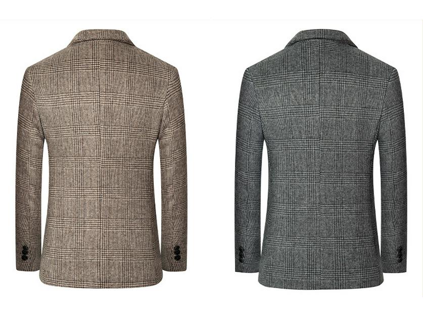 Autumn Winter Men's Plaid Wool Blend Slim Fit Suit Jacket - Business Casual Coats